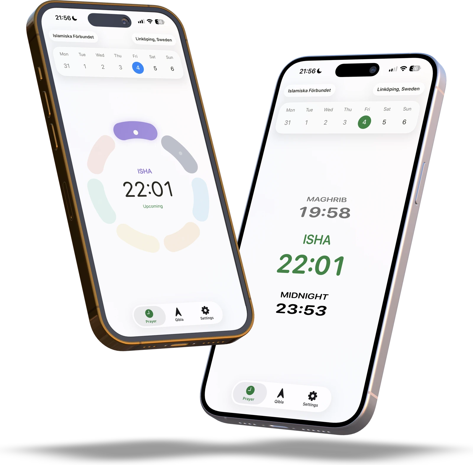 Athanly on two iPhones, showing the Orbit ring and the Wheel layout