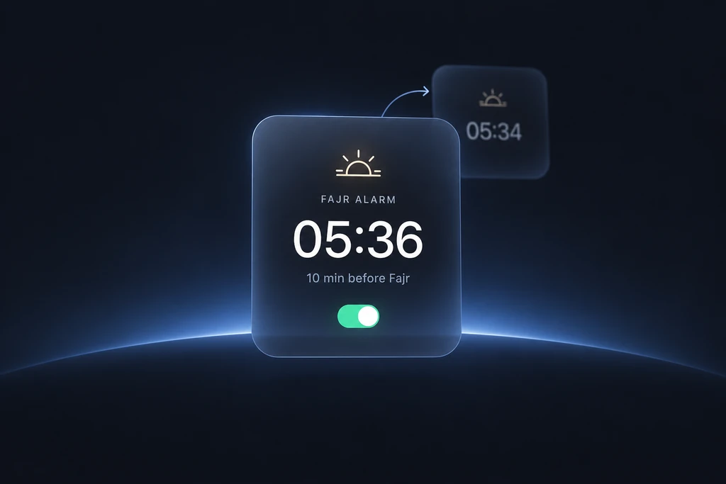 A Fajr alarm moving with prayer time, set to ring ten minutes before Fajr
