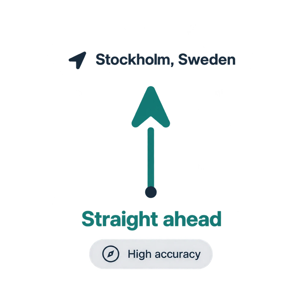 Qibla direction in Stockholm, Sweden: Straight ahead, High accuracy