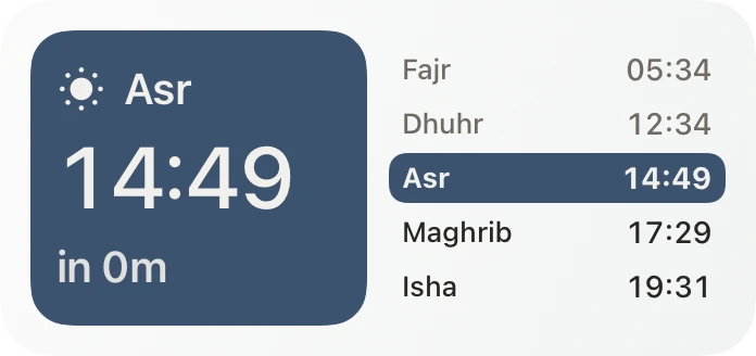 Next Prayer widget with the upcoming prayer and Stockholm prayer schedule